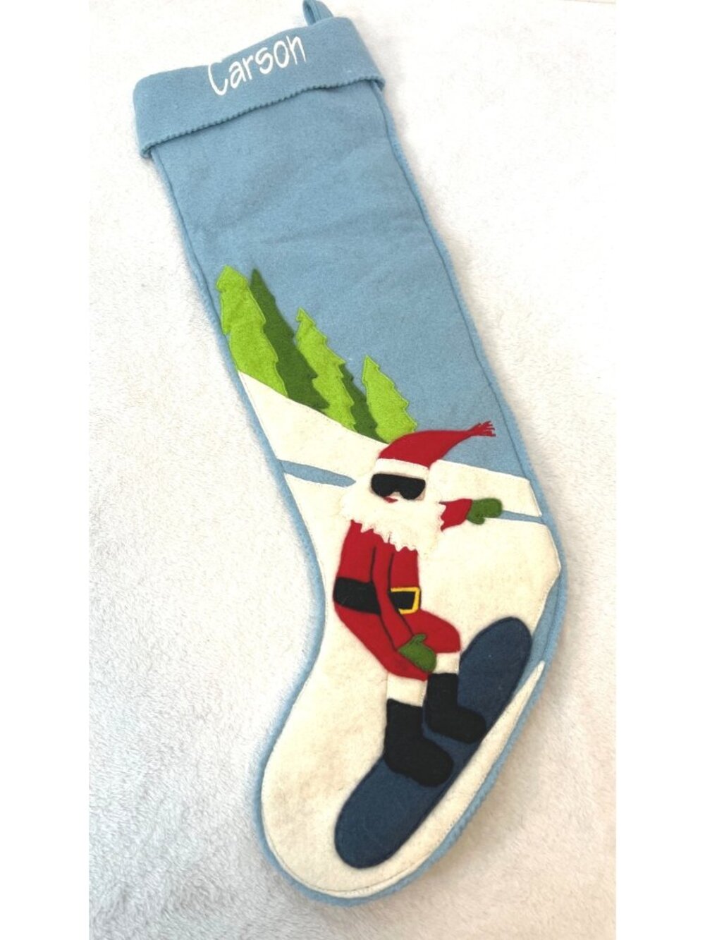 Garnet Hill Wool Christmas Stocking Light Blue Santa Snowboarding 24" "CARSON"